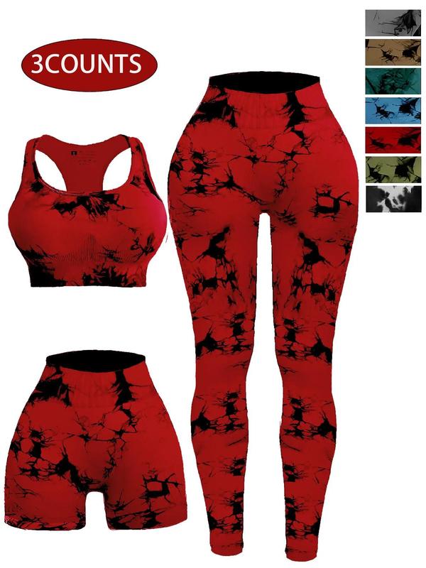Women's 3pcs Tie Dye Print Ruched Sports Bra & High Waist Leggings & Skinny Shorts Tracksuit Set, Sleeveless Straps Top & High Stretch Seamless Yoga Pants & Shorts Fitness 1