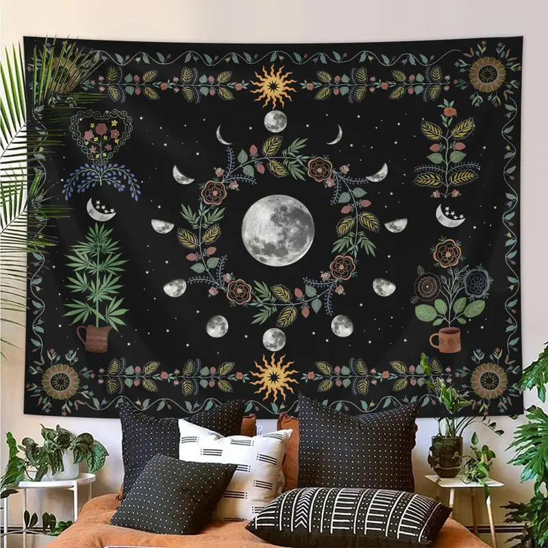 Moon & Plant Pattern Tapestry, Bohemian Style Tapestry, Wall Hanging Decor for Home Living Room Bedroom, Home Decor 0
