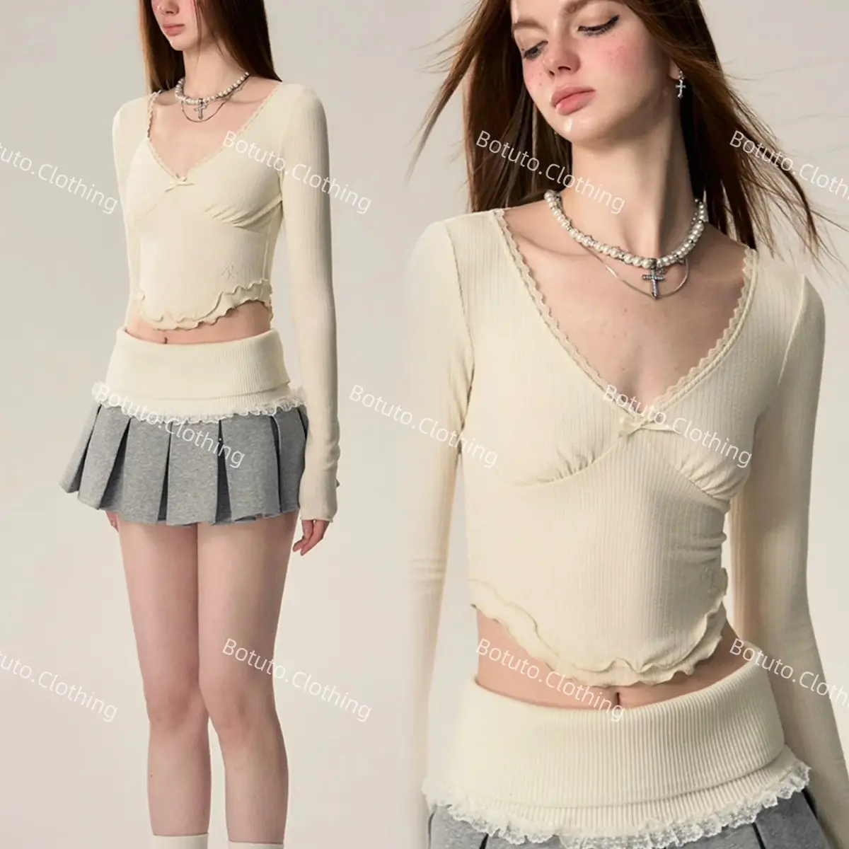 ￼BOTUTO - Chân Váy Ngắn Thun Xếp Ly Dáng Ngắn Lưng Gập Phối Viền Ren Có Quần Trong Nữ Women Dress