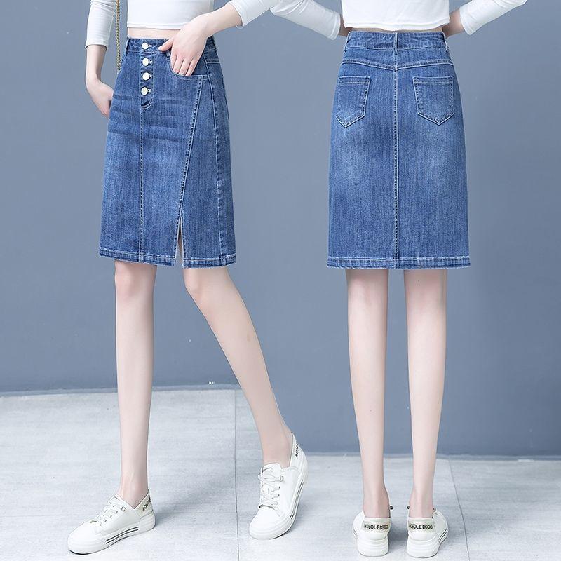 Chân Váy Denim, Dành Cho Nữ, Hàng Mới Về Xuân / Hè 2025, Cạp Cao, Xẻ Tà, Dài Trung Bình Ống Ôm Dáng Chữ A, Ngoại Cỡ, Chân Váy Bó Sát 7