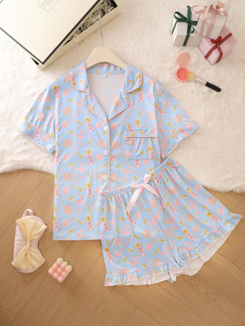 Product Introduction of Women's Leopard & All Over Print Button Pajama Set, Casual Comfy Short Sleeve Top & Shorts Pj Set, Ladies Summer Sleepwear 3