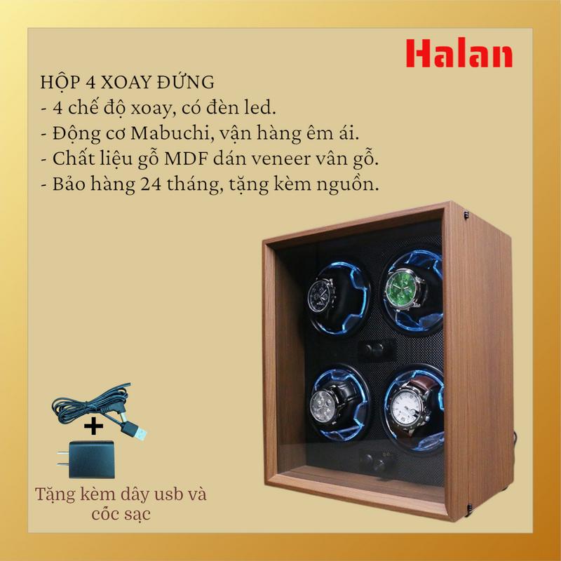[TẶNG KÈM ADAPTER] Hộp đựng đồng hồ 4 xoay dáng đứng bằng gỗ - có đèn led - 4 chế độ xoay - giúp đồng hồ cơ automatic luôn đúng giờ