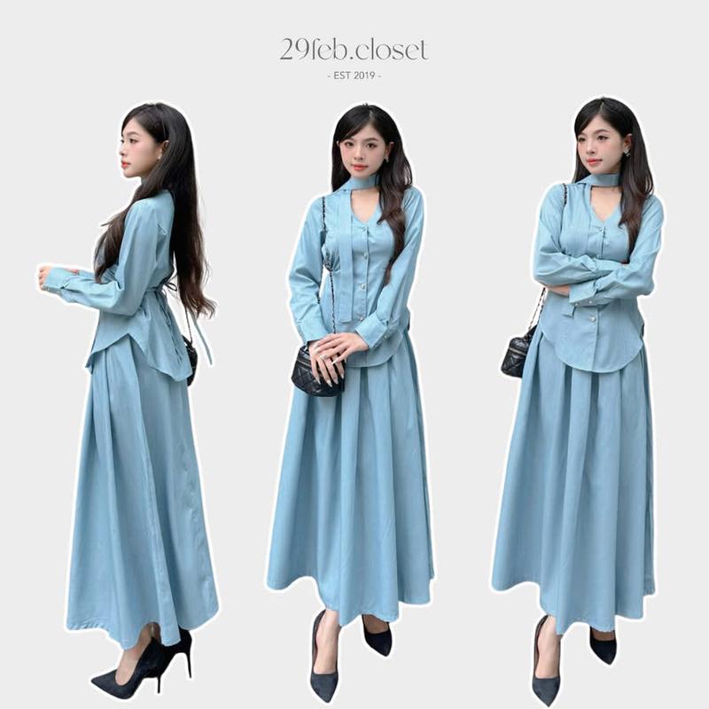 Set Áo Kiểu Dài Tay Cổ V Vạt Đuôi Tôm Có Dây Cổ 29feb.closet Kèm Chân Váy Dài Xoè Xếp Ly Trước Nữ Tính- S245 Women Kem Top