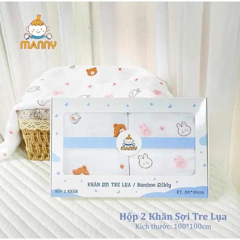 (Tặng 1 Hộp Tăm Bông EMK) Hộp 2 Khăn Tắm Sợi Tre Lụa Manny 2 Lớp Cao Cấp Kháng Khuẩn Siêu Mềm Cho Bé Size 100x100cm