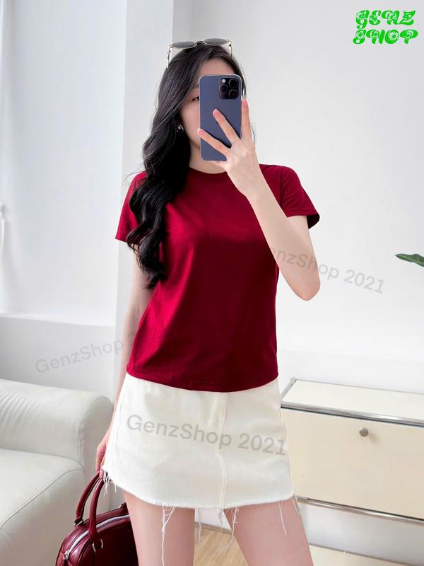 ÁO THUN BABY TEE TRƠN NHIỀU MÀU DỄ PHỐI ĐỒ BBT25 Top Nữ Women Cổ Tròn Trắng Nhung Tua Rua