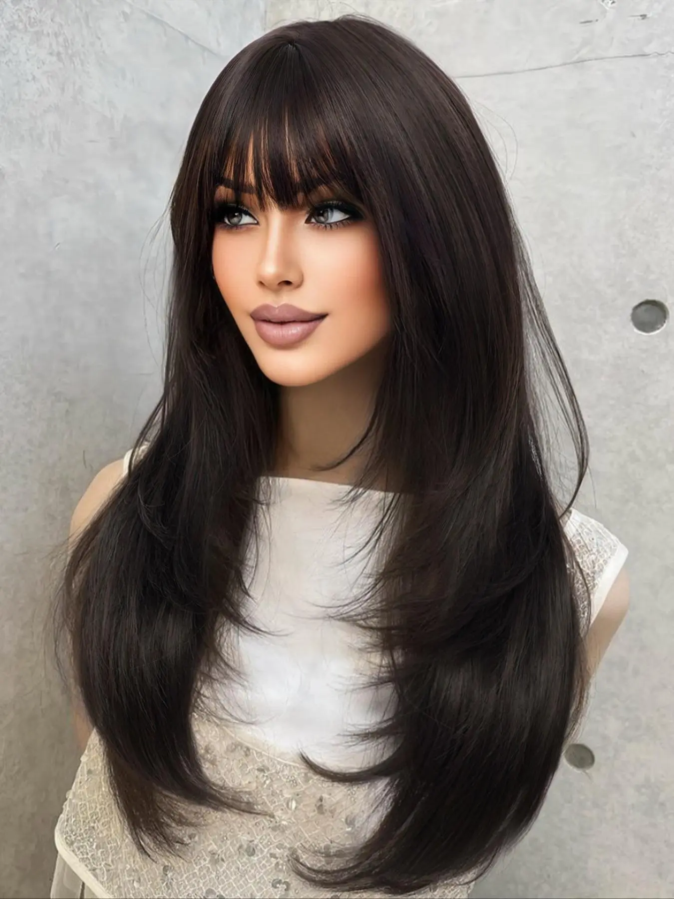 26 Inch Long Straight Wigs for Women, Gorgeous Fluffy Wigs with Bangs, Synthetic Full Machine Wigs for Party, Daily Use