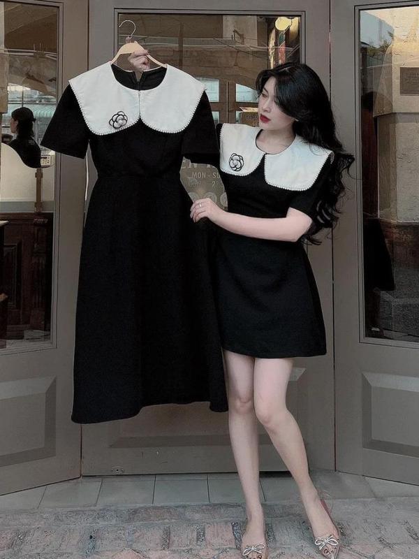 Váy thêu hoa cổ sen đinh ngọc tuyết mưa dáng xòe ngắn tay sang chảnh Mai Chi Store MC14666 Nữ Kem Women Dress Ren Màu Đen