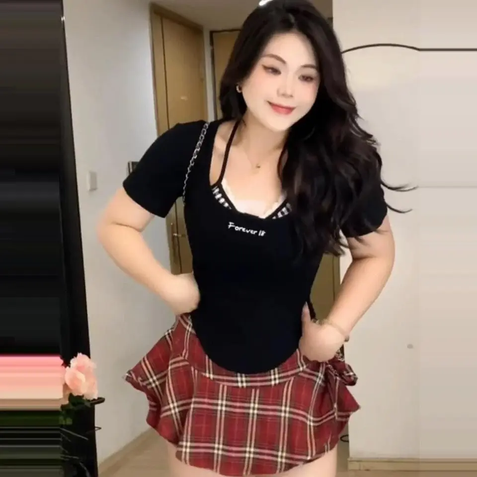 Áo thun caro phối ren 2 màu đỏ đen thêu Forever 18  dễ thương SWEET THINGS  (Có bigsize) Nữ Voi