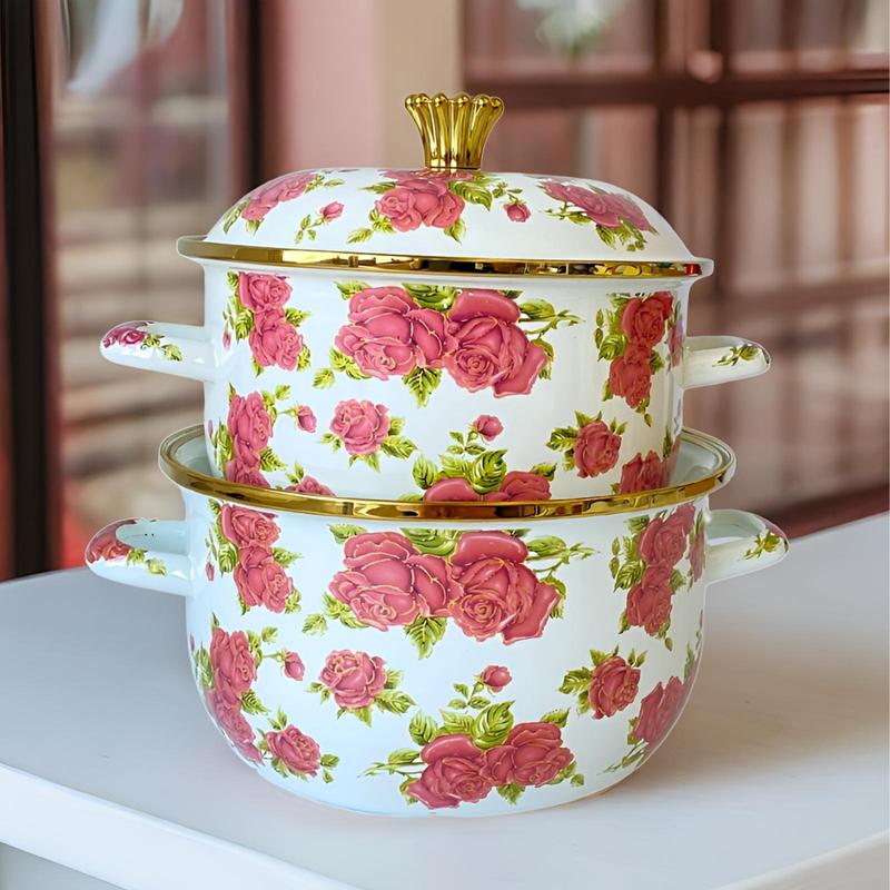 Rose Pattern Enamel Pot with Lid & Handle, 1 Count Vintage Style Flower Pattern Pot, Kitchen Cookware for Home Use, Kitchen Accessories 8