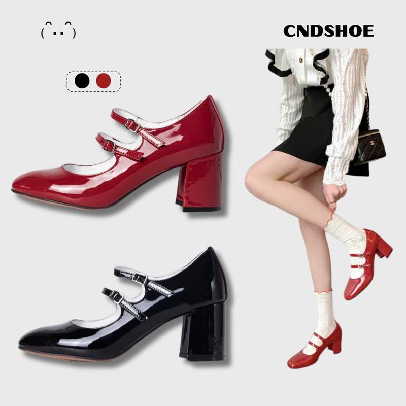 (LÙI SIZE) Giày Cao Gót Mũi Vuông Da Giày Mary Jane 6cm  Cài Shoes guốc đen cho nữ đỏ   guôt nữ 2 quai Jean loli tiểu thư đế búp bê giay got vuong