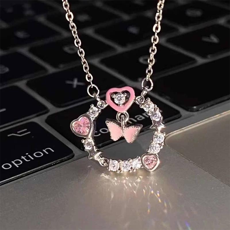  Vòng Cổ Mặt Trái Tim Màu Hồng Hình Bướm Sáng Bóng sang trọng giá cả phải chăng Cho Nữ Mặt Dây Chuyền Tròn Tinh Tế Dây Chuyền Xương Đòn Quà Tặng Tiệc Cho Nữ 