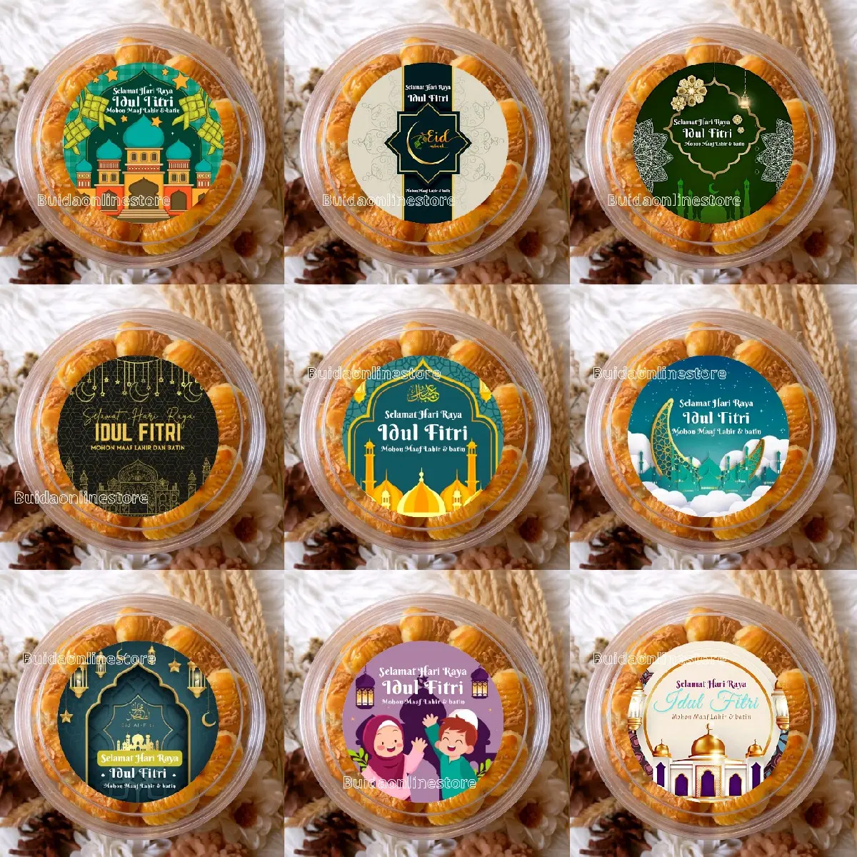 Stiker Sticker Label Lebaran Selamat Hari Raya Idul Fitri Mohon Maaf Lahir dan Batin segel kemasan toples dekorasi hampers hiasan parcel bingkisan Happy Eid Mubarak bentuk bulat sudah cutting tinggal tempel saja ukuran diameter 7cm kemasan nastar