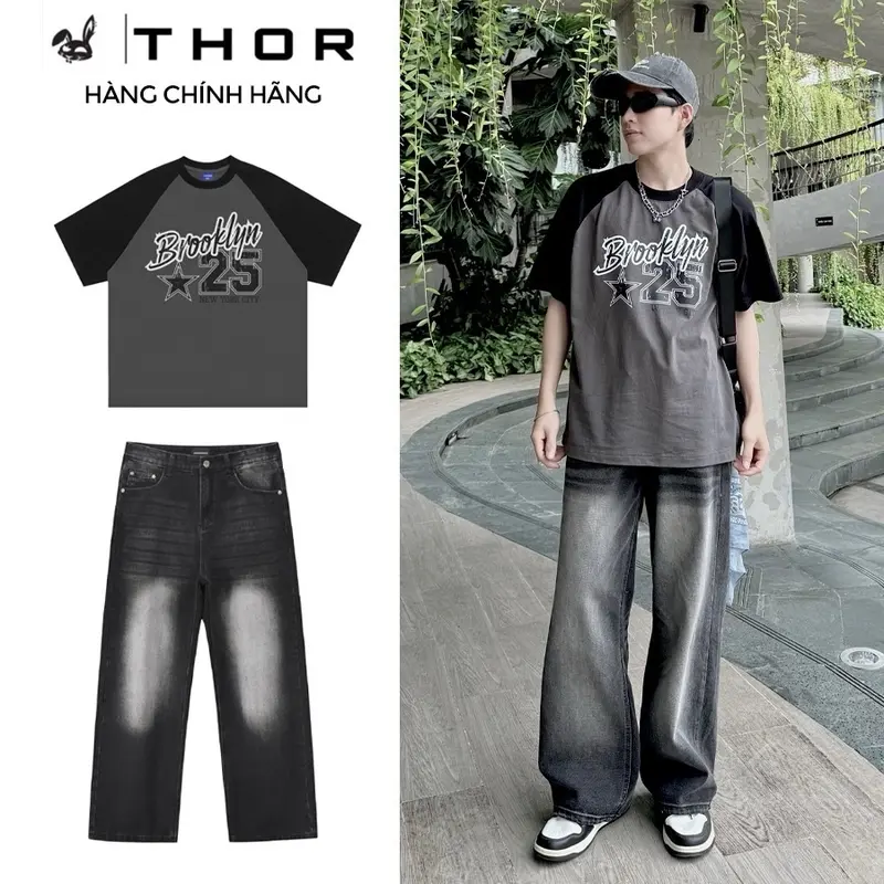 ￼Set đồ unisex THOR gồm áo thun raglan xám và quần jean ống rộng bộ đồ áo phông in quần bò form suông rộng chất lượng cao cấp unisex Nam Menswear 0