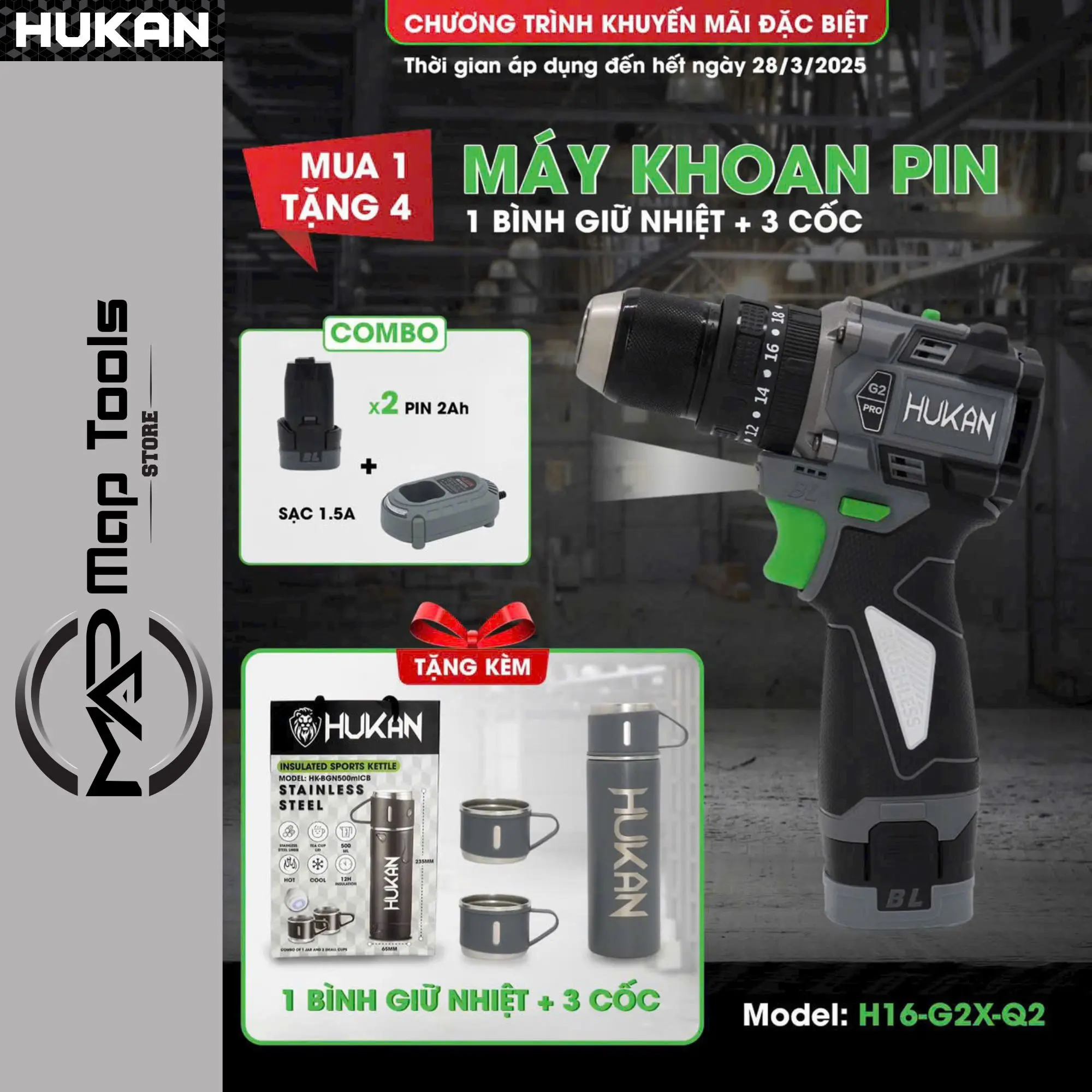 Máy Khoan Pin HUKAN HM21-G2X-Q2 Lực Siết 55N.m 10mm 3 Chức Năng Động Cơ Không Thổi Than Pin 16V