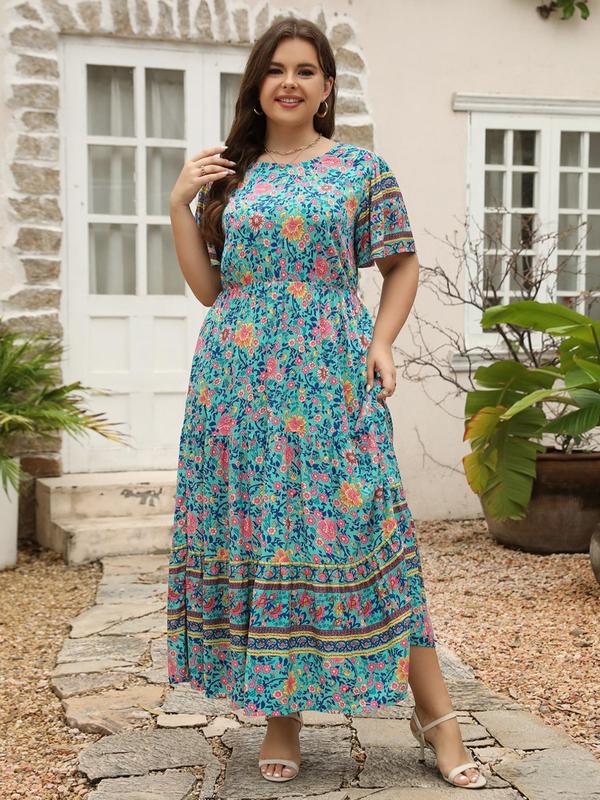 【Plus Size】 Ditsy Floral Print Dress, Fashion Casual Short Sleeve Dress for Daily Holiday Vacation Wear, Women Plus Clothing for Spring 6