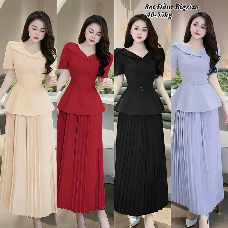 Set Bigsize Áo Peplum Mix Chân Váy Xếp Ly Dáng Dài Lụa Chéo Thái Thiết Kế Thích Hợp Dự Tiệc Nữ Cao Cấp Xinh Đẹp 50-95kg - 2373