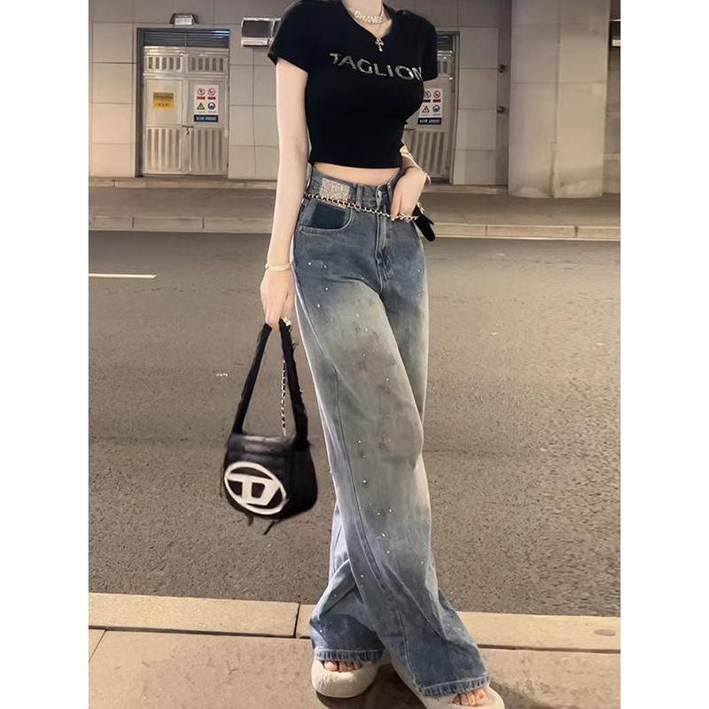 Quần Dài Jean Ống Rộng, Phong Cách Mỹ, Dành Cho Nữ, Thiết Kế Lấp Lánh, Gradient Kim Cương Giả, Cạp Cao, Quần Ống Đứng Và Dáng Rộng Vừa Vặn, Quần quét đất Nhà Đã Giặt, Thời Trang 3