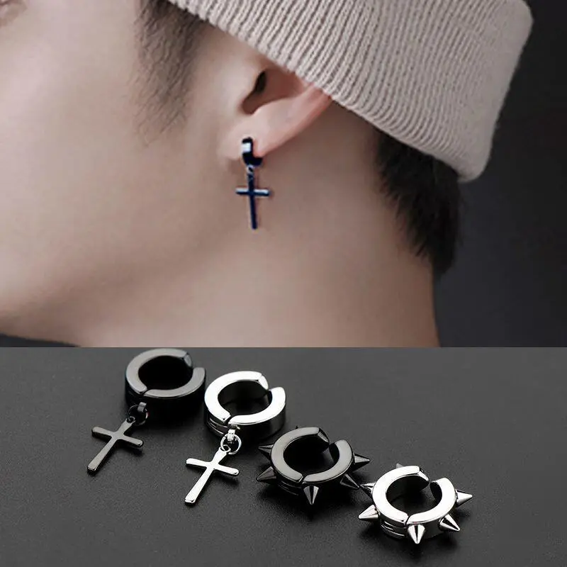 Fake men, ear clips women, cross shaped earrings, cool dark style trendy earrings for men without holes