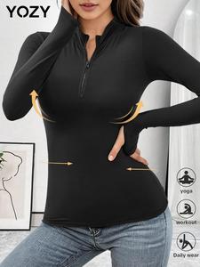 YOZY-GOOO Solid Zip Up Mock Neck Sports Tee, Sporty Breathable Comfortable Long Sleeve T-shirt, Women's All Seasons Top for Yoga, Gym, Workout, Running