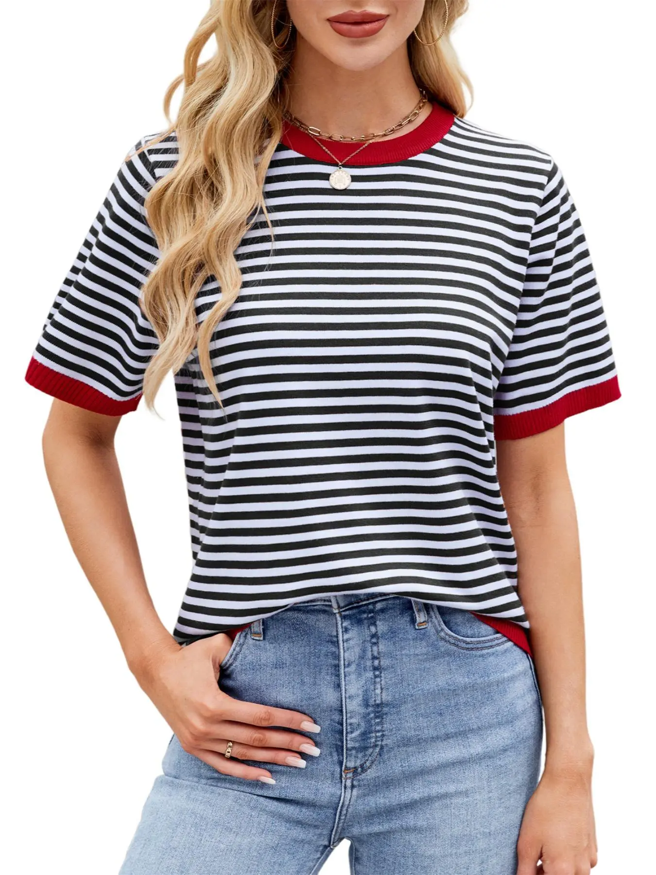 Women's Striped Print Crew Neck Tee, Casual Short Sleeve T-shirt for Summer, Women's Top for Daily Wear