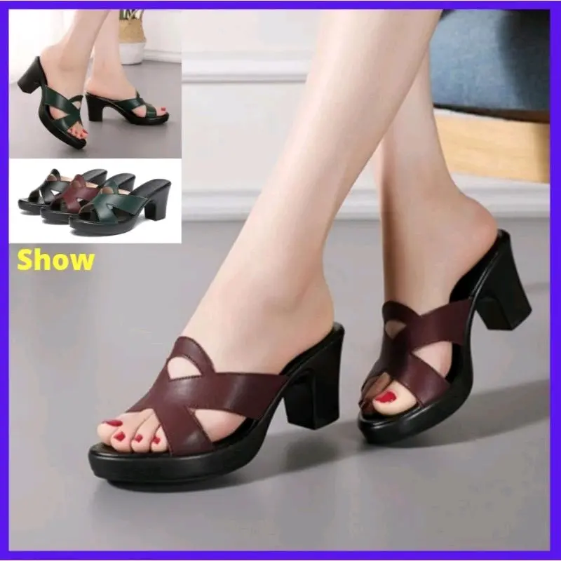Sandal Wanita high heels tumit bahan semi kulit premium (Show)