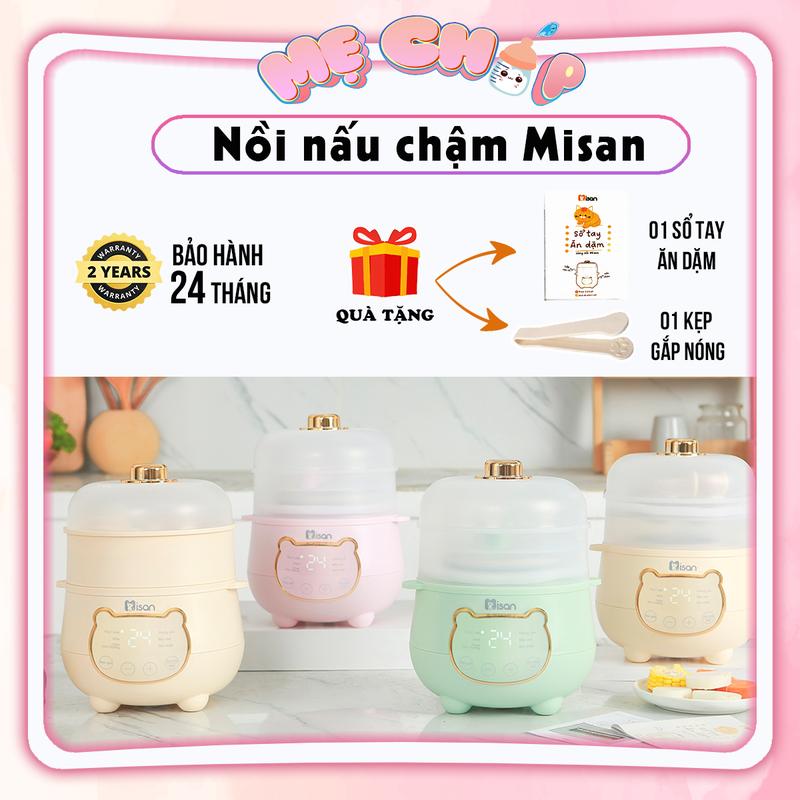 Nồi nấu cháo chậm Misan có xửng cao cấp dung tích 1 lít, tặng kèm sổ tay ăn dặm kèm kẹp gắp đồ nóng, ninh hầm, hấp 6 chế độ, hẹn giờ nấu cháo Bảo hành 24 tháng lỗi 1 đổi 1