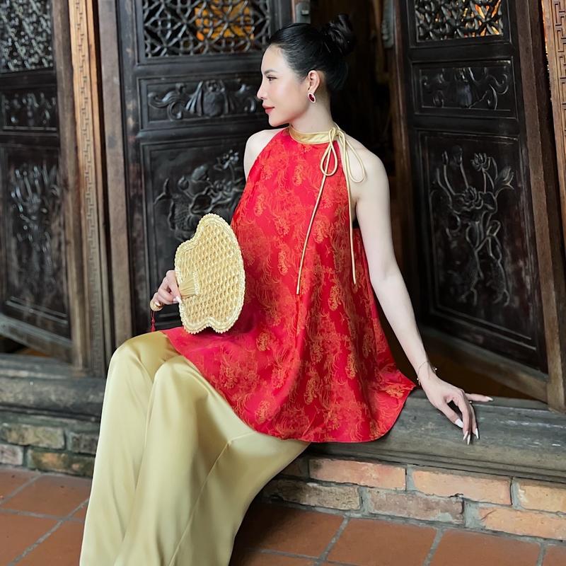 Y01 SET ĐỒ NỮ ÁO YẾM CỘT DÂY KÈM QUẦN SUÔNG DÀI, CHẤT LIỆU GẤM TƠ TẰM - FREE SIZE 5