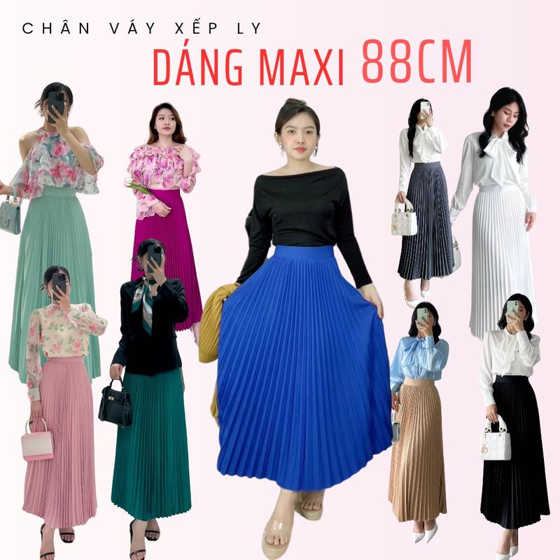 Chân váy xếp ly rẻ quạt dáng dài 88cm mắt cá chân không nhăn 12 màu công sở