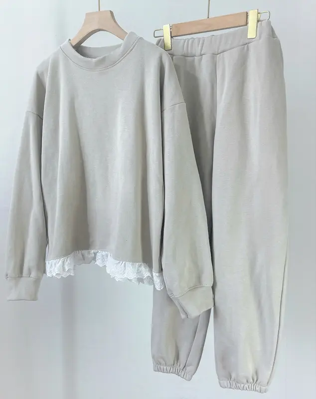 Set nỉ sweater be phối vạt ren form rộng peonyb - Bộ đồ thu đông quần dài mix áo swt cổ tròn kiểu dáng oversize đường phố hotgirl hàn quốc đẹp 0
