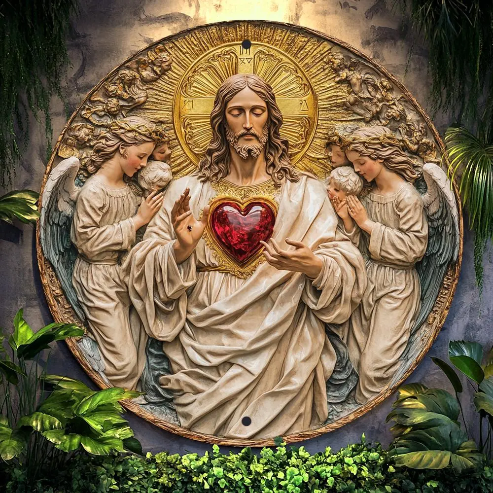 2D Aluminum Metal Flat Sign, Retro Jesus Theme Round Wreath Sign, for Kitchen Coffee Home Living Room Office Wall Decor Art, Perfect Gift for Friends on Christmas and Thanksgiving, 20x20cm/30x30cm