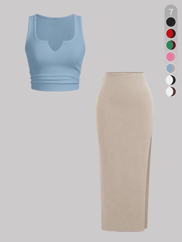 Two-Piece Set Women's Solid Ribbed Crop Tank Top & Side Split Skirt, Casual Sleeveless Top & Long Skirt for Daily Wear, Ladies Clothes for All Seasons, Polish 2