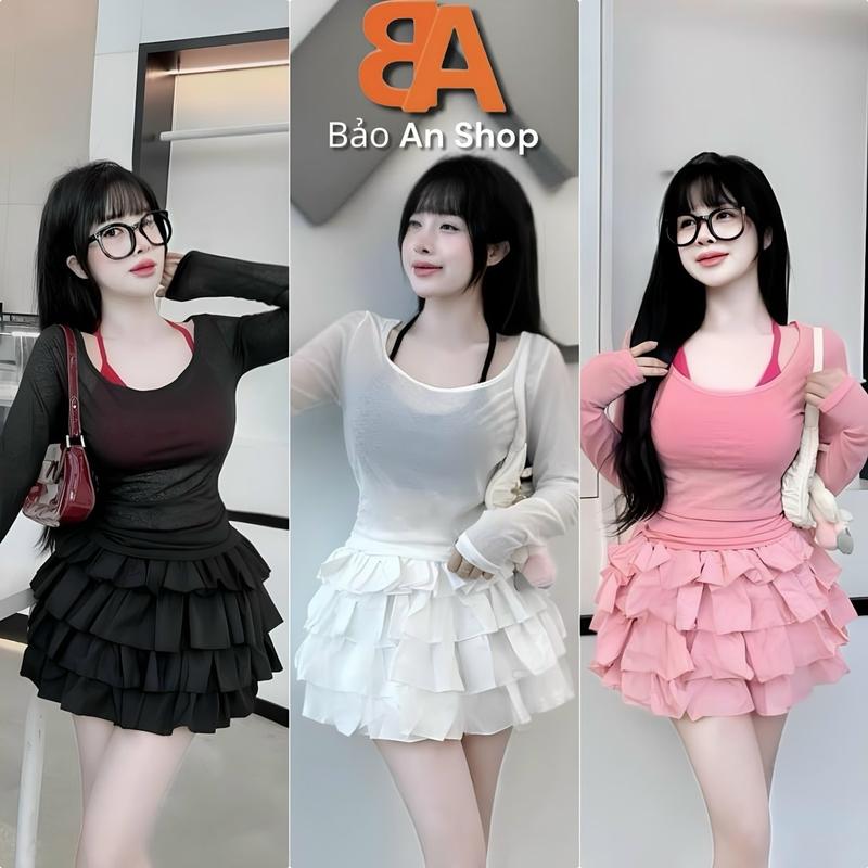 [SB80] Sét bộ nữ 3 món áo thun giấy cổ thuyền ôm body tay dài kèm bra dây cổ yếm có mút và chân váy 4 tầng lưng thun eo 58-75cm hot top Women