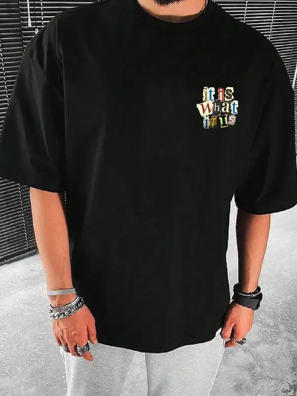 Men's Letter Print Round Neck Tee, Regular Fit Casual Drop Shoulder Short Sleeve T-shirt for Summer,  Graphic Tees, Men's Summer Clothes for Daily Wear 1