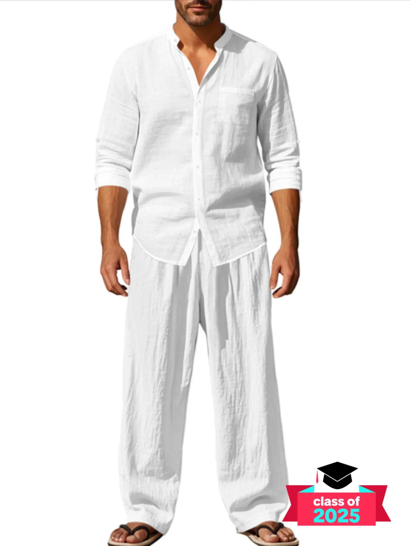 Men's Solid Lounge Set, Loose Casual Comfy Lapel Neck Long Sleeve Top & Pants Set for Summer, Men's Sleepwear for Indoor Wear, Linen Clothes