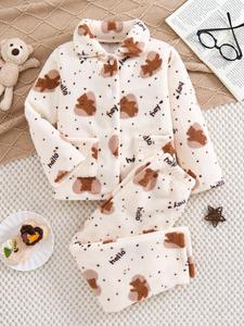 Kids Cartoon Bear Print Polar Fleece Pajama Set, Cute Long Sleeve   Top & Pants, Boys Girls Sleepwear for All Seasons