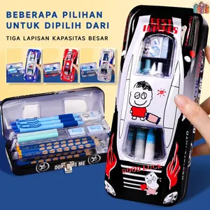Kotak Pensil Kaleng Anak Motif Mobil Karakter Lucu 3 Tingkat Kapasitas Besar untuk Sekolah