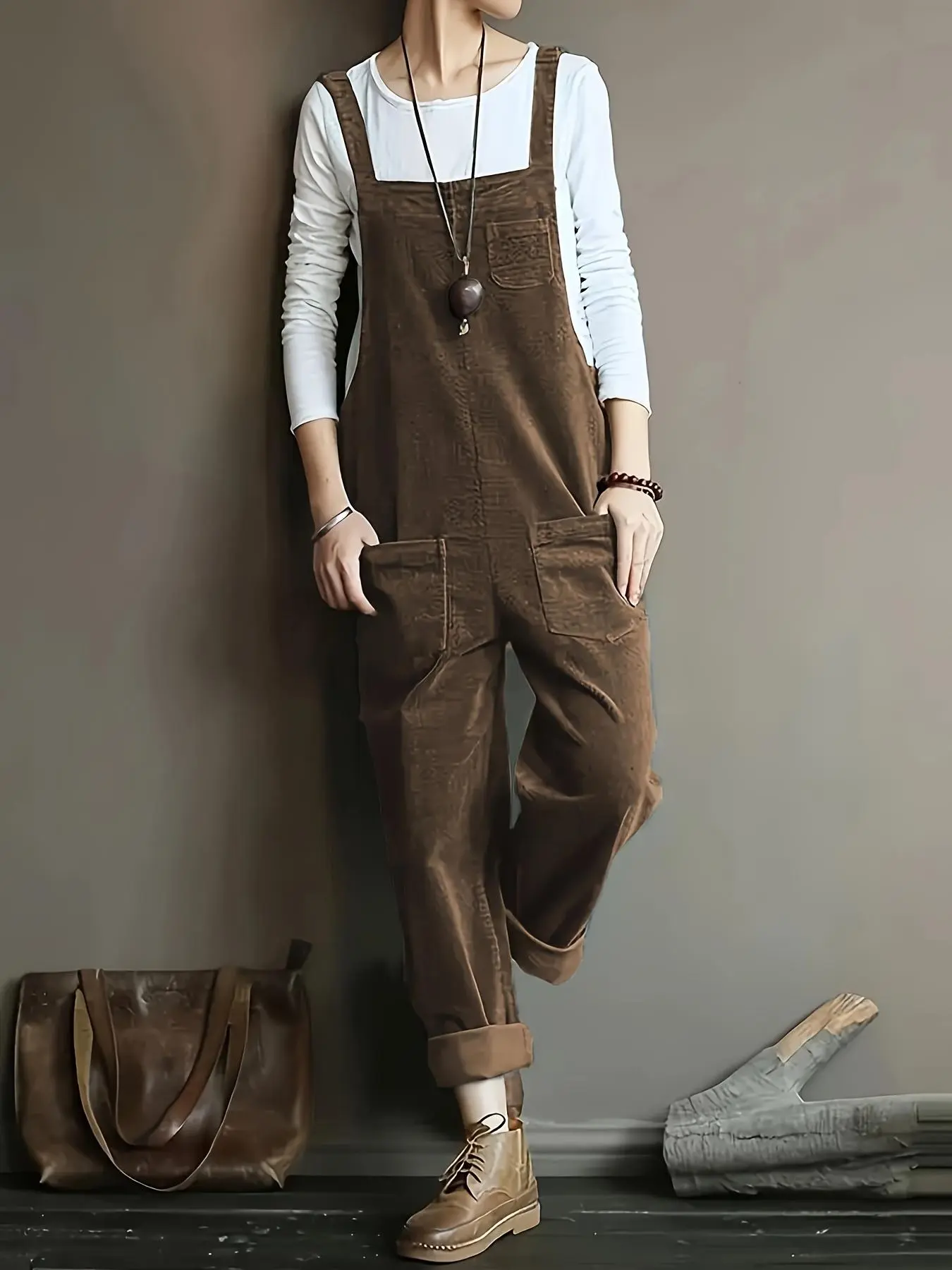 Women's Solid Color Corduroy Overalls, Fashion Casual Pocket Overalls for Daily Wear, Ladies Clothes for All Seasons