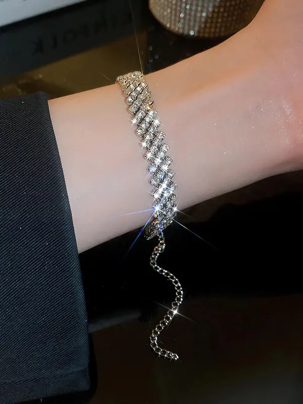 Rhombus Rhinestone Decor Tennis Link Bracelet, Fashionable Elastic Bracelet For Women For Party, Daily Clothing Decor For Girl 5