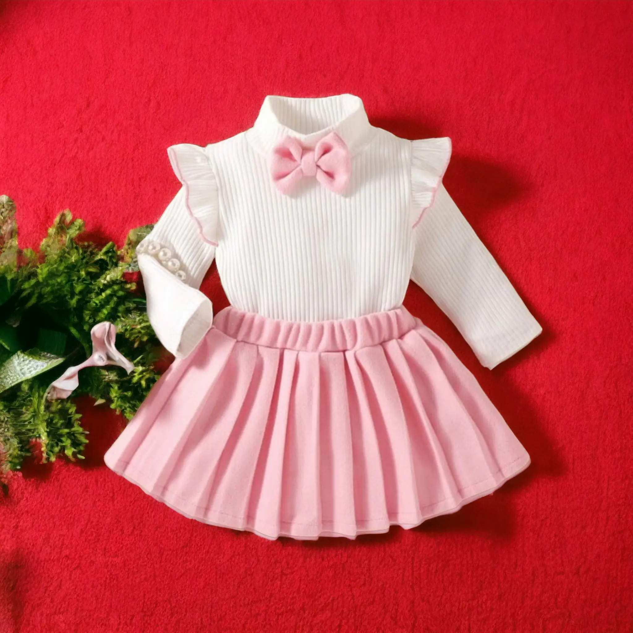 Dress Anak Perempuan Usia 6 Bulan-6 Tahun knits Model rok salur lucu Merah Pink Putih Gaun Lengan Cantik Fashion setelan