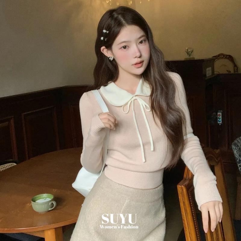 Áo Len Ngắn Cho Nữ, Hàng Mới Về Mùa Thu Cổ Điển Dài Tay, Có Cổ Búp Bê, SS24