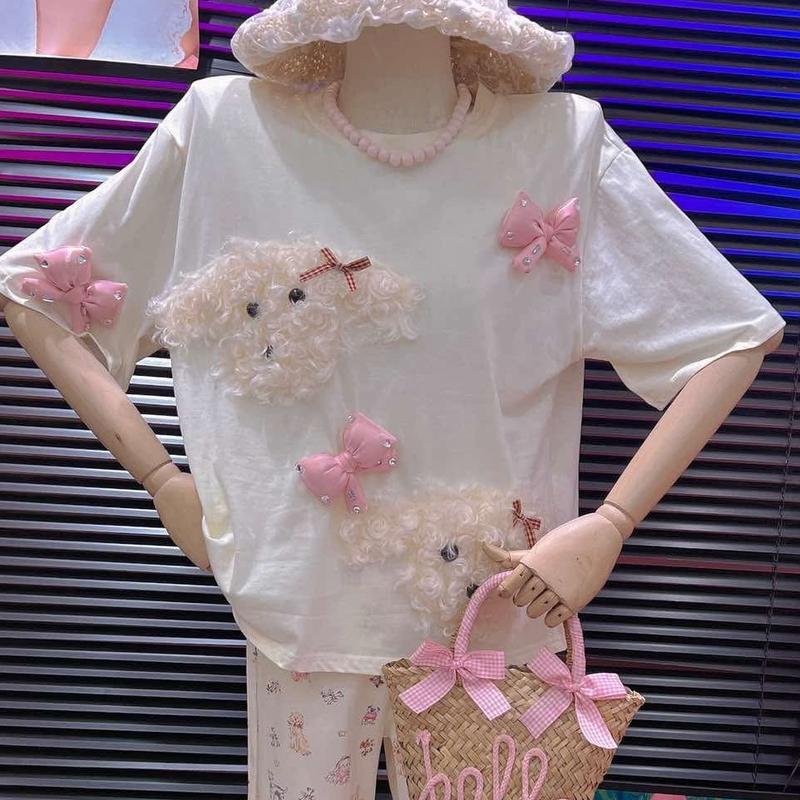 Áo thun tay ngắn Cún xù đính nơ Jiwa Quảng Châu chính hãng Nữ Women