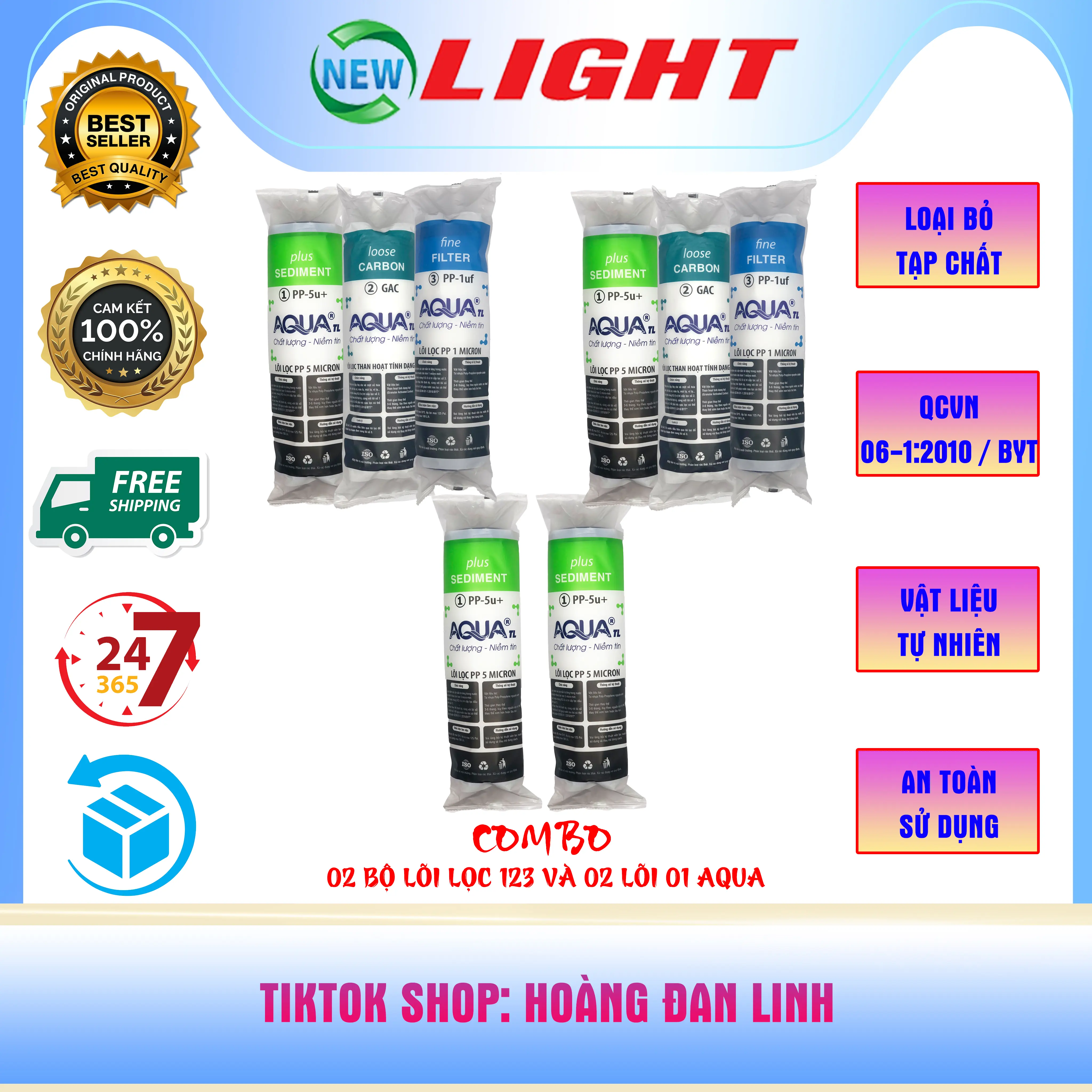 Combo 8 lõi lọc nước 123 Aqua - Gồm 4 lõi số 1, 2 lõi số 2, 2 lõi số 3 - Tặng kèm tay vặn cốc
