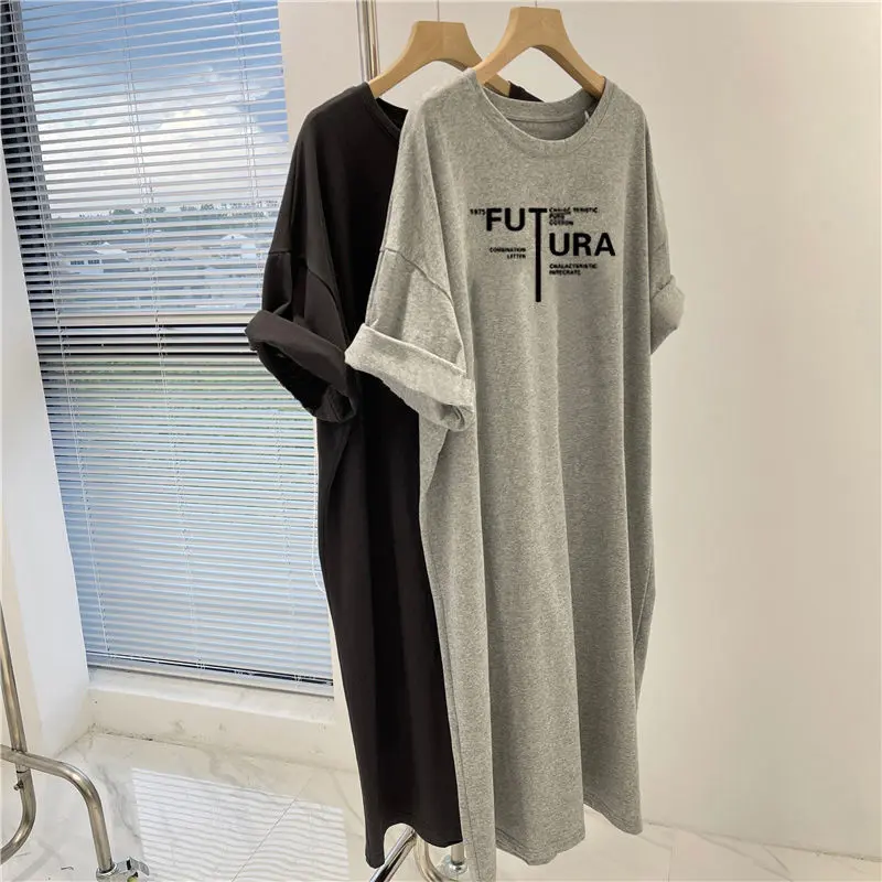 2025 Overknee Dress 2025 Summer New Nightdress for Women plus Size Plump Girls Loose Short Sleeve T-shirt Skirt Age-Reducing Straight Dress Popular