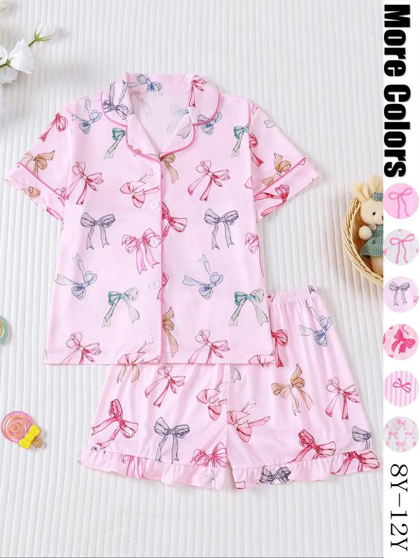 Girl's Cartoon Bow Print Top & Elastic Waist Shorts Pyjama Two-piece Set, Cute Comfy Short Sleeve Top & Shorts Set, Kids Sleepwear for All Seasons, Pajamas