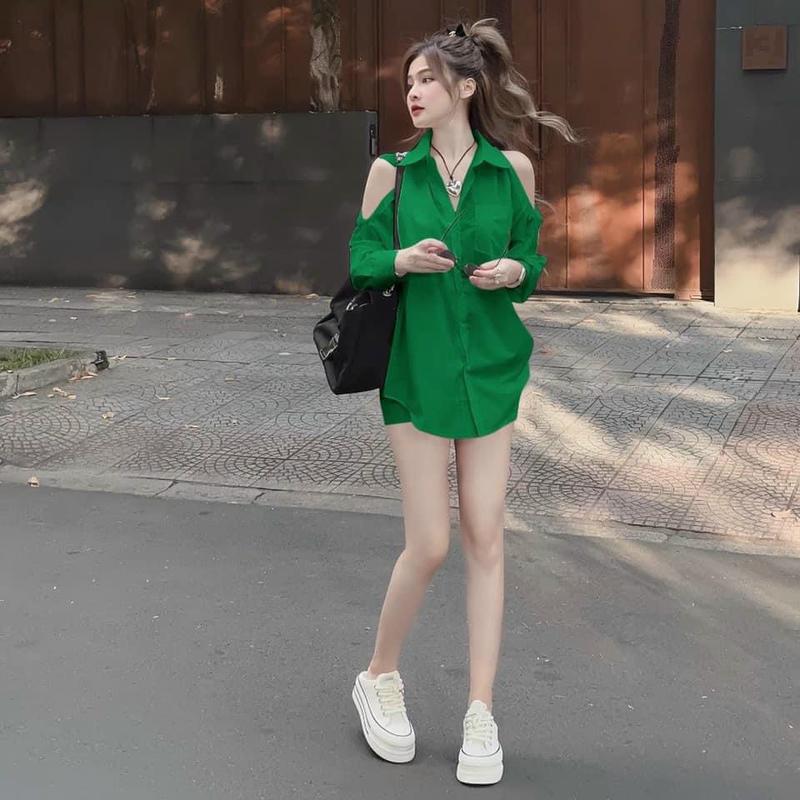 SÉT BỘ ÁO SƠ MI HỞ VAI SÀNH ĐIỆU THỜI TRANG SÀNH ĐIỆU ĐẸP SANG THỜI TRANG Nữ Women Cotton Top Pants Jacket Chân Váy