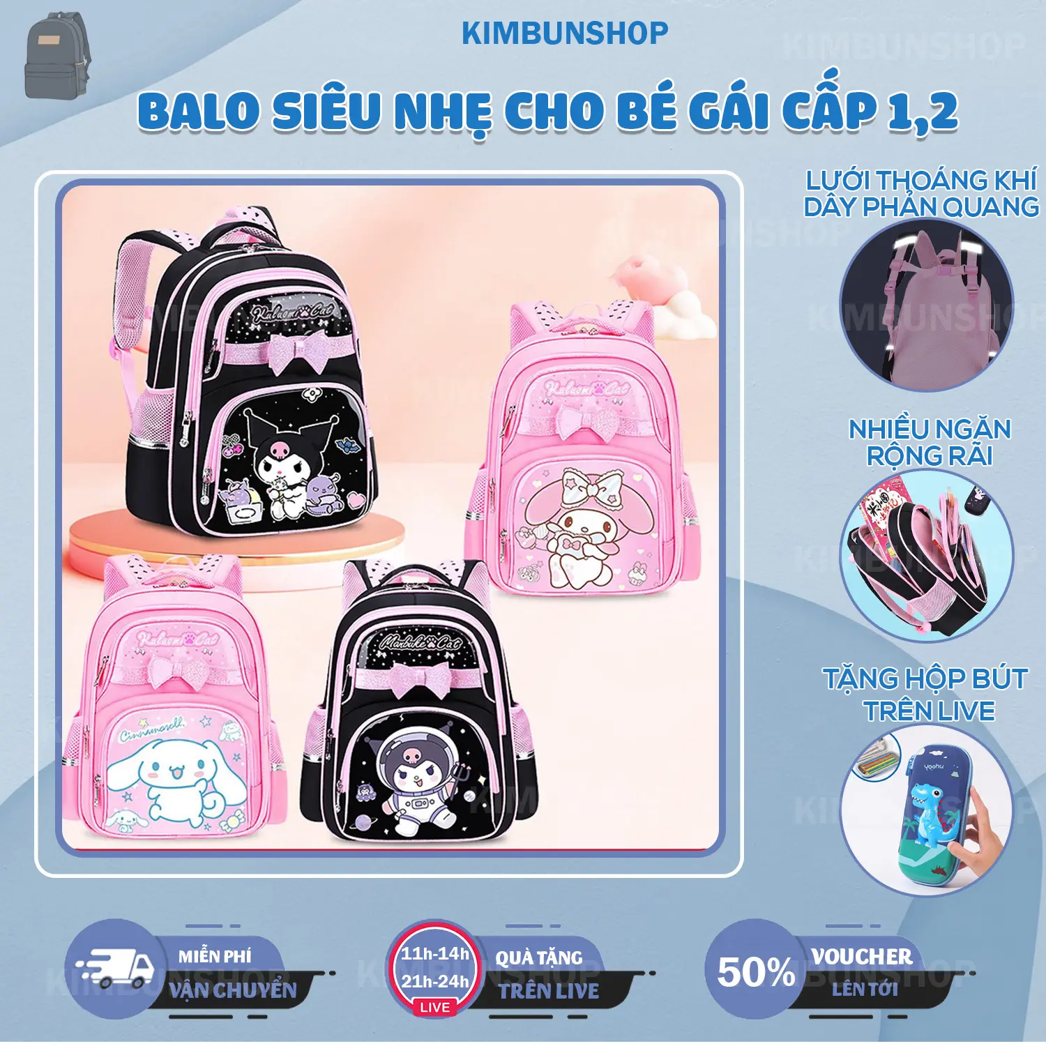 Balo Kuromi, Cinamon, Melody dễ thương chống nước cho bé gái tiểu học- kimbunshop15