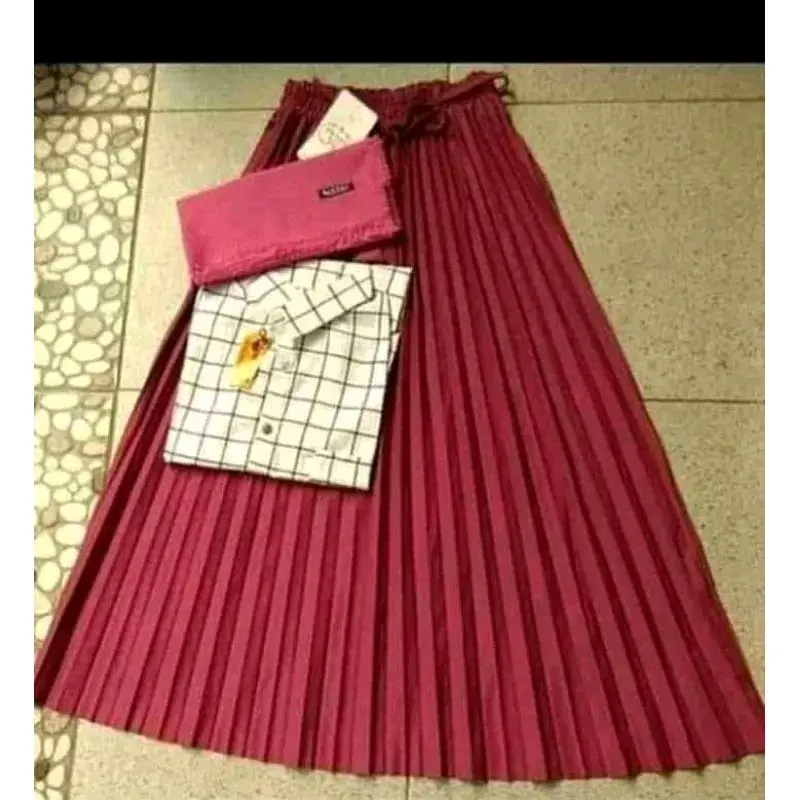 setelan Wanita rok plisket premium kemeja kotak kotak kancing lengan Panjang dan kerudung bela square 4