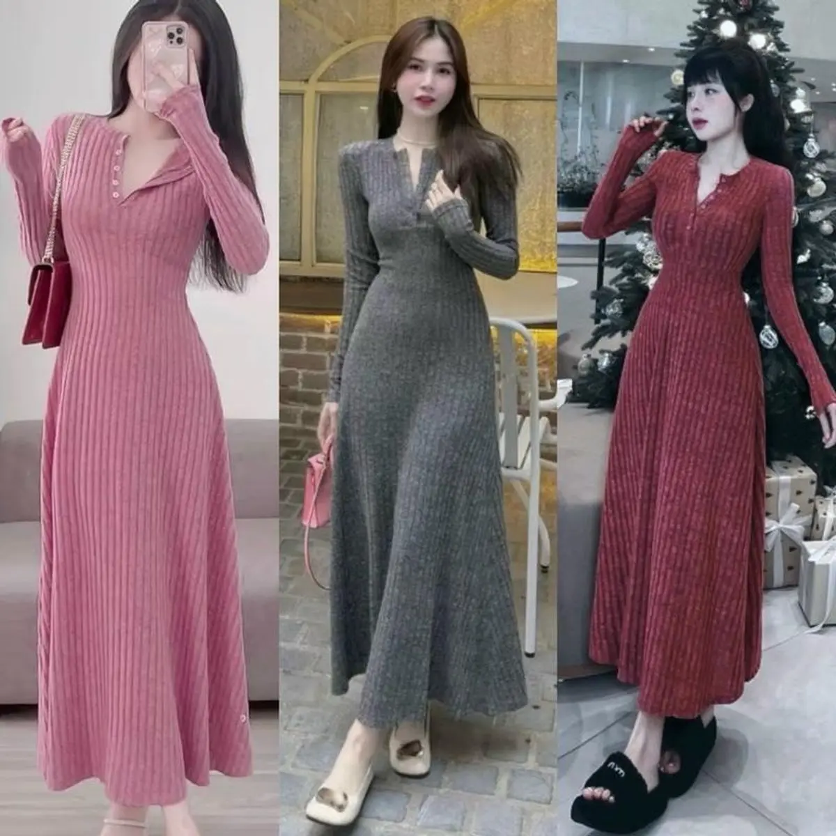 Váy body tay dài thun gân cổ trụ dáng xòe Nữ Women Nhung Dress Kem Tre Voan - Voi, Bo Chun