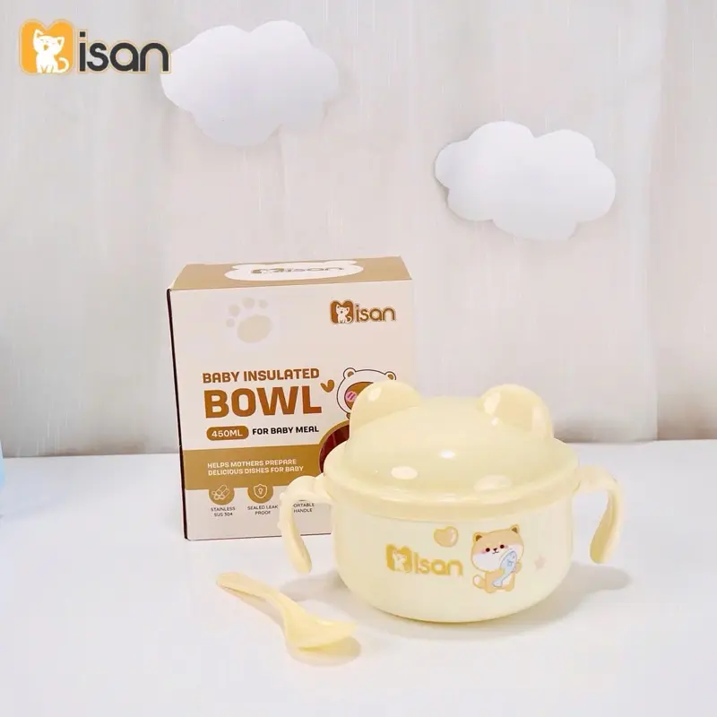 (Kèm Thìa) Bát Ăn Inox Cách Nhiệt Có Tay Cầm Kèm Muỗng Và Nắp Cho Bé ăn dặm Kem 3