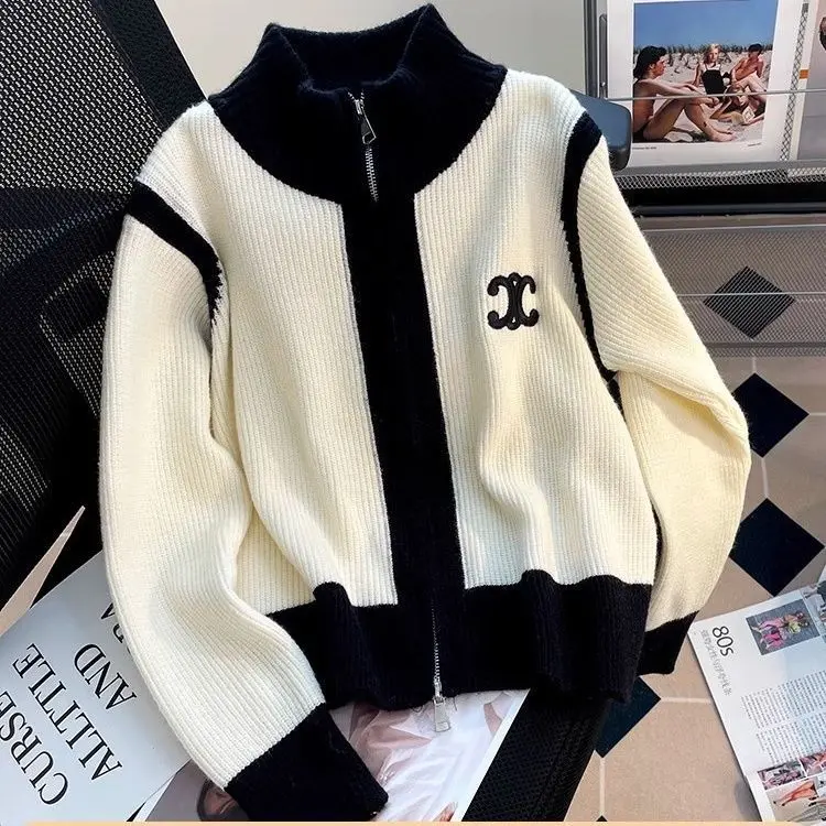 Áo Cardigan Dệt Kim, Dây Kéo Đôi, Thêu, Cổ Chân Đế, Dành Cho Nữ, Có Thể Mặc Ngoài Trời, Thiết Kế Khối Màu, Phong Cách Thường Ngày Áo Len Dài Tay, Thích Hợp Cho Áo Khoác Mùa Thu Top Women